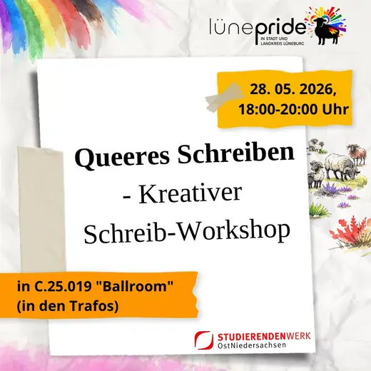 Sharepic: Queeres Schreiben - Kreativer Schreib-Workshop am 28.05. 18 Uhr bis 20 Uhr in C.25.029 "Ballroom" (in den Trafos)