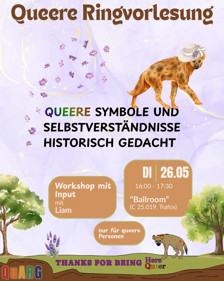 Informationen zu der Varanstaltungen, umgeben von Veilchen und Lavendel. Eine Hyäne trägt einen Sonnenhut mit Lavendel