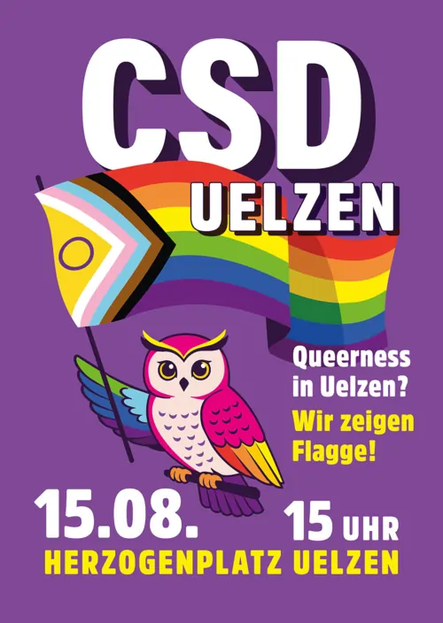 Sharepic: CSD in Uelzen. Auf Lila Hintergrund schwingt eine bunte Eule die Progressive Pride Flag. Text: CSD Uelzen. Queerness in Uelzen? Wir zeigen Flagge! 15.08. !5 Uhr Herzogenplatz Uelzen